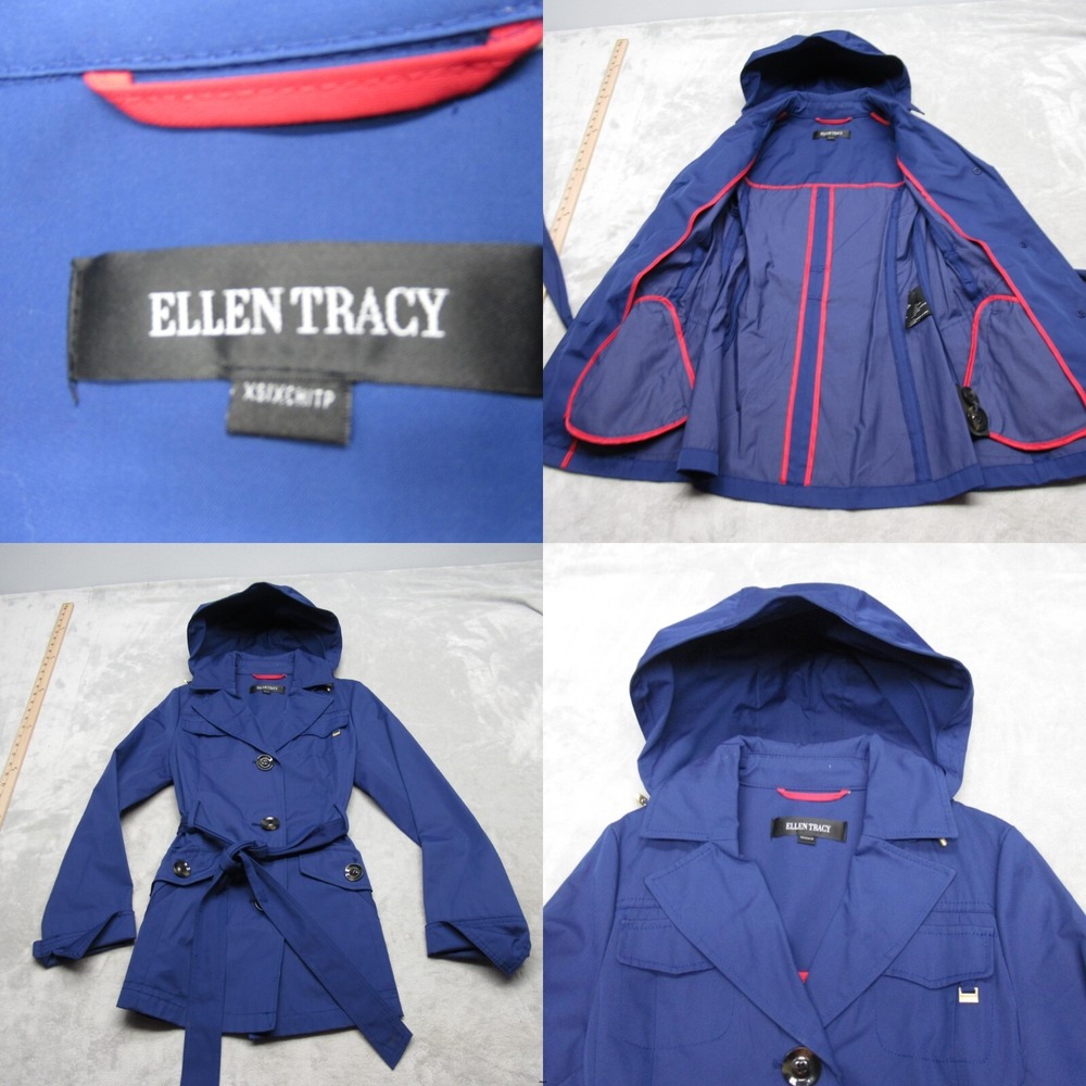 Ellen Tracy Jacket Women XS Purple Hooded Button Front Belted Trench Coat READ